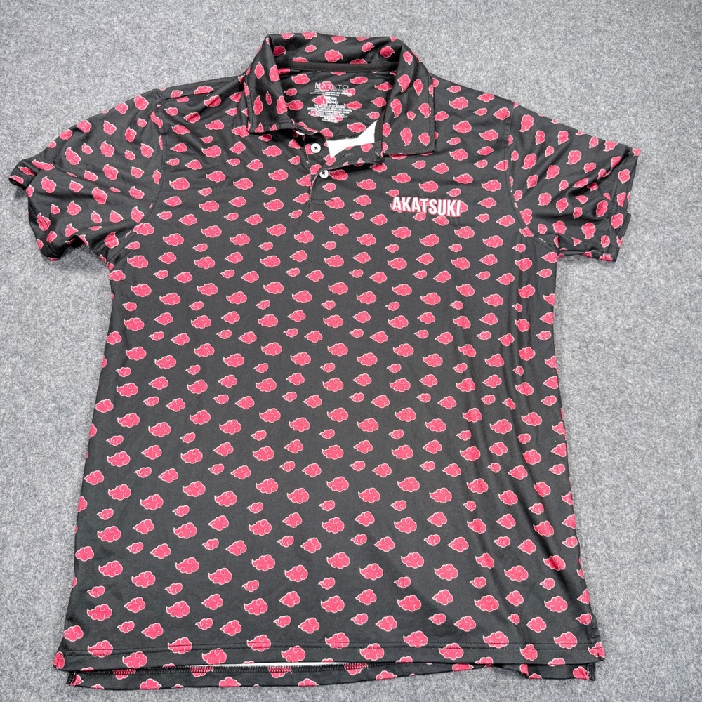 Naruto Shippuden Akatsuki Cloud All Over Print Polo Shirt Black Red Mens Large